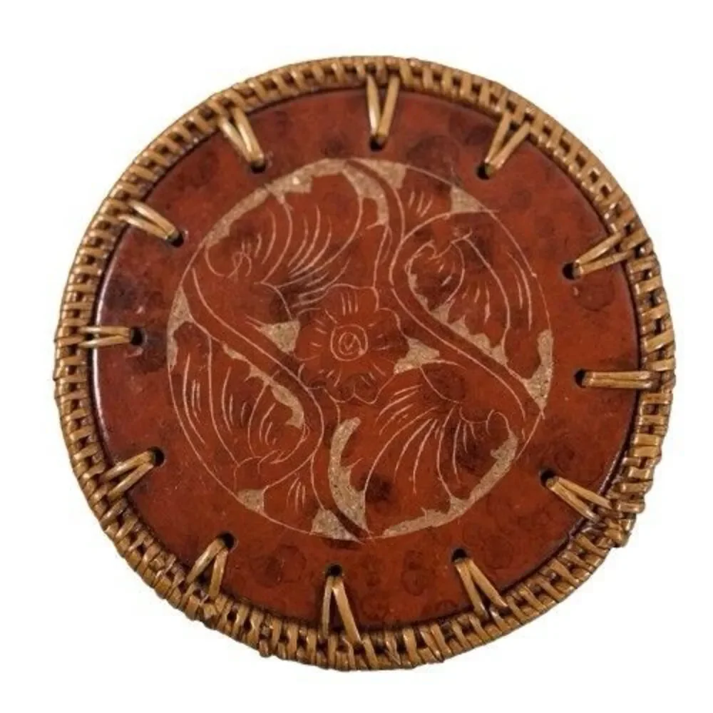 Vintage Pier One Terracotta & Rattan Coasters Set Of 4 MCM Red Stone New w/tags
